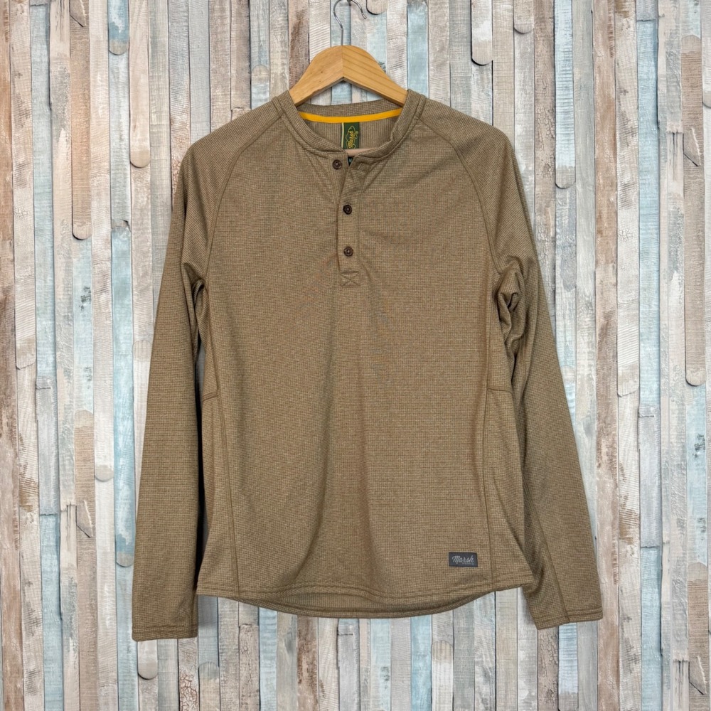 Marsh Wear Harkers Island Fleece Henley Brown Waffle Knit Long Sleeve Shirt M
